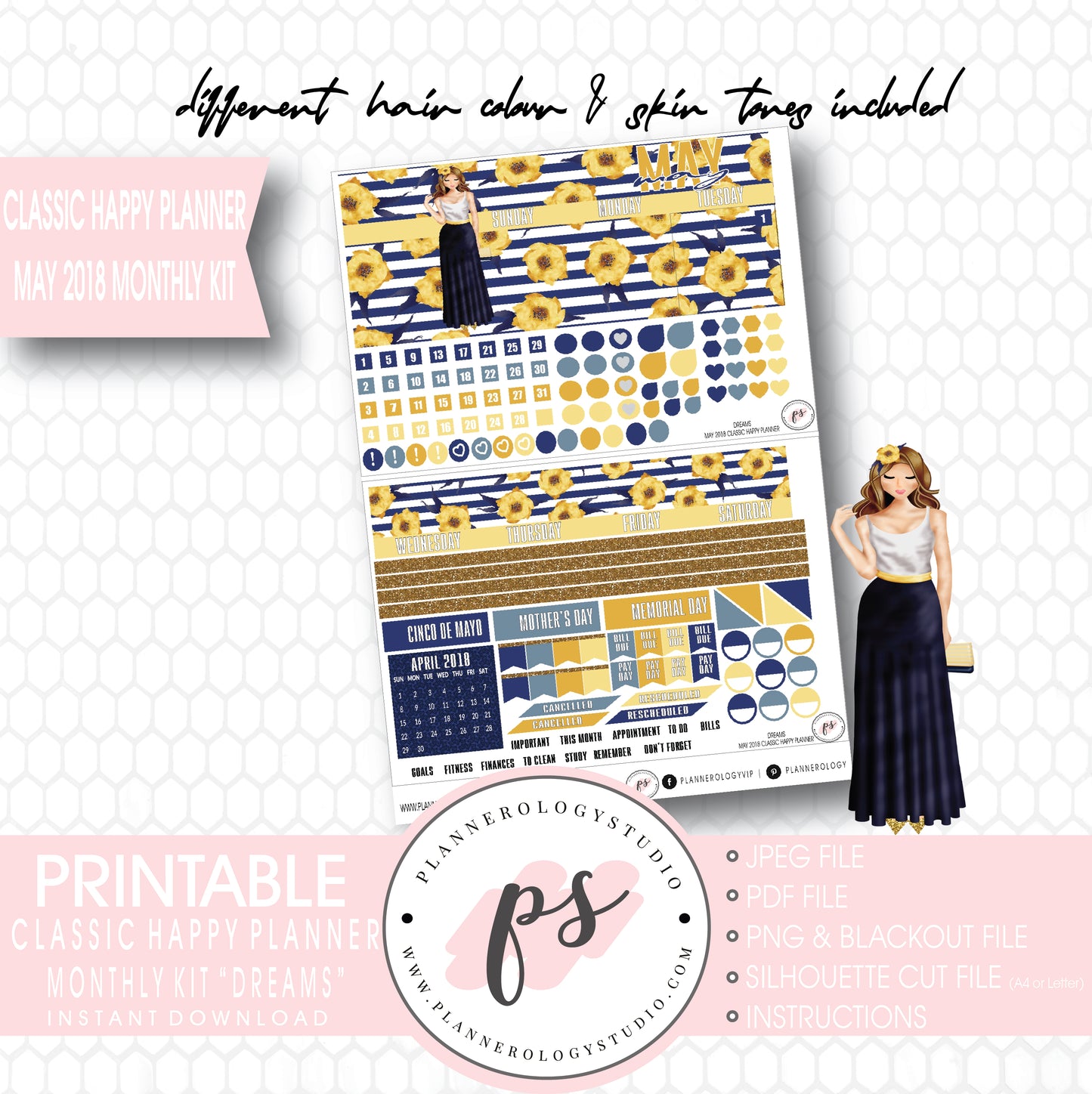 Dreams May 2018 Monthly View Kit Digital Printable Planner Stickers (for use with Classic Happy Planner) - Plannerologystudio