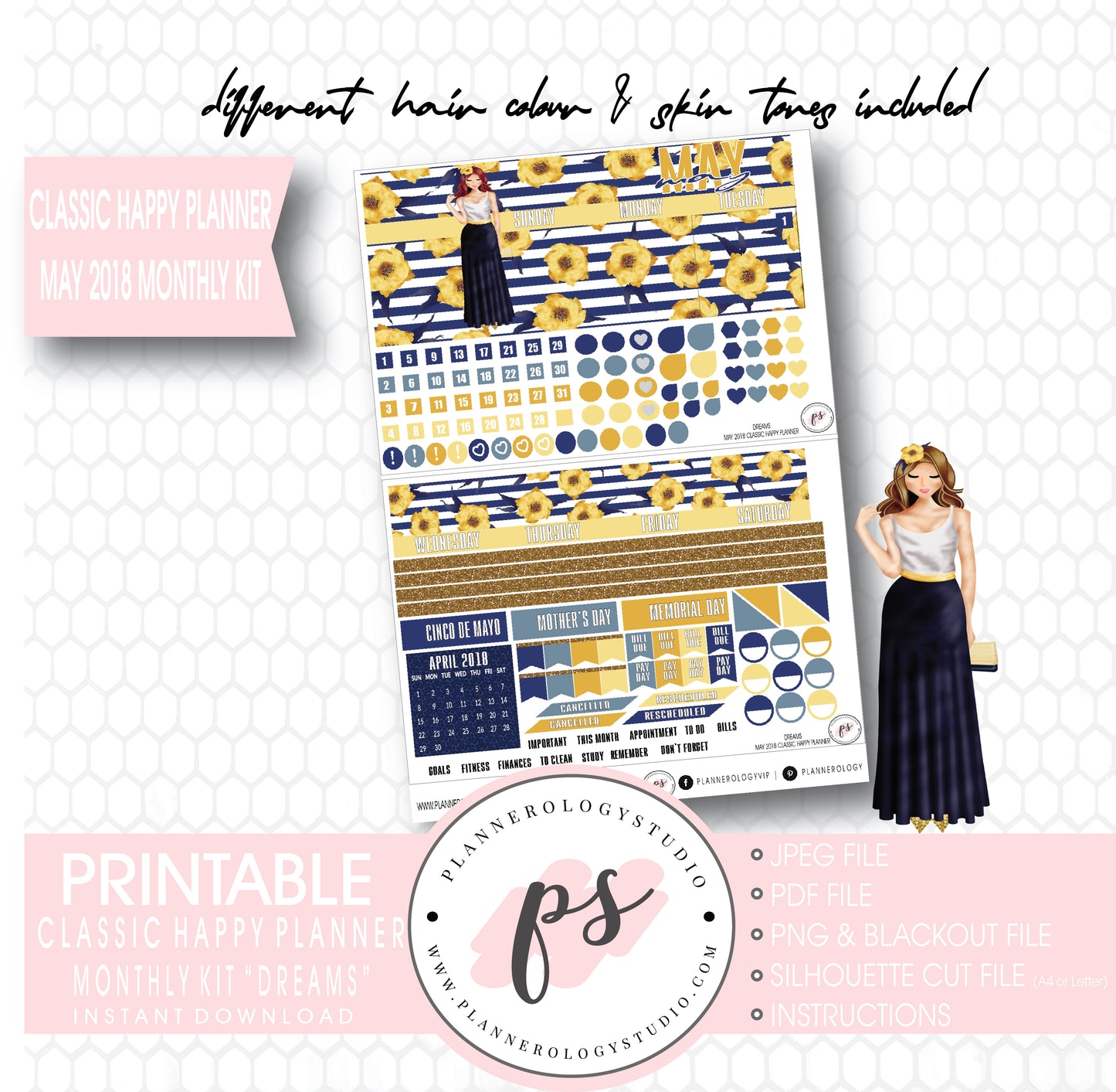 Dreams May 2018 Monthly View Kit Digital Printable Planner Stickers (for use with Classic Happy Planner) - Plannerologystudio