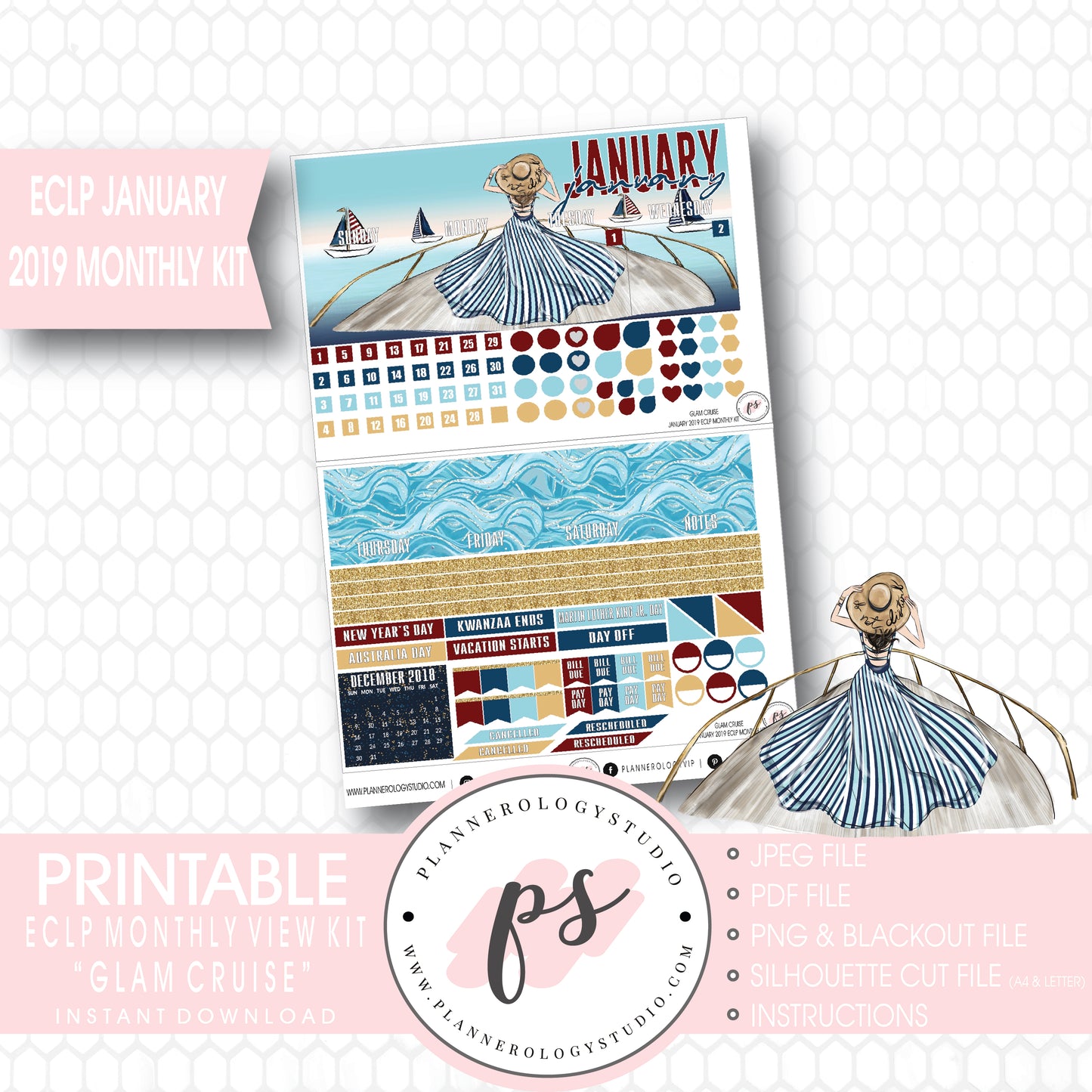 Glam Cruise January 2019 Monthly View Kit Digital Printable Planner Stickers (for use with Erin Condren) - Plannerologystudio