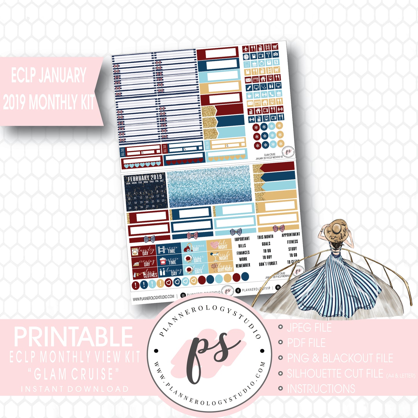 Glam Cruise January 2019 Monthly View Kit Digital Printable Planner Stickers (for use with Erin Condren) - Plannerologystudio