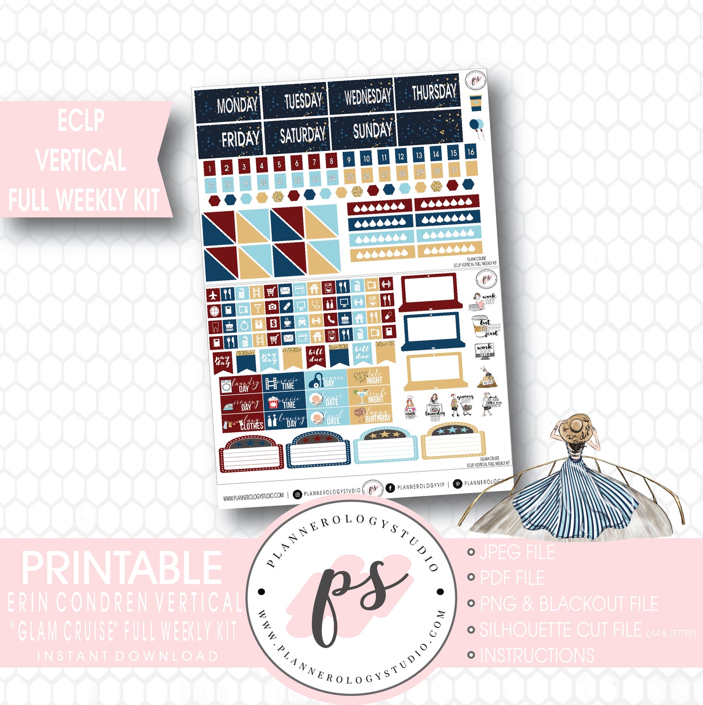 Glam Cruise Full Weekly Kit Printable Planner Stickers (for use with ECLP Vertical) - Plannerologystudio