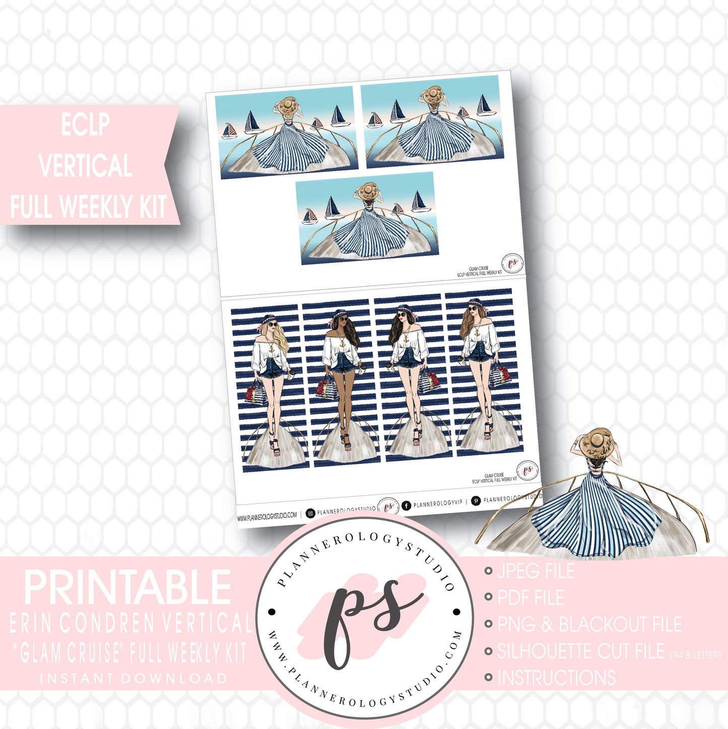 Glam Cruise Full Weekly Kit Printable Planner Stickers (for use with ECLP Vertical) - Plannerologystudio