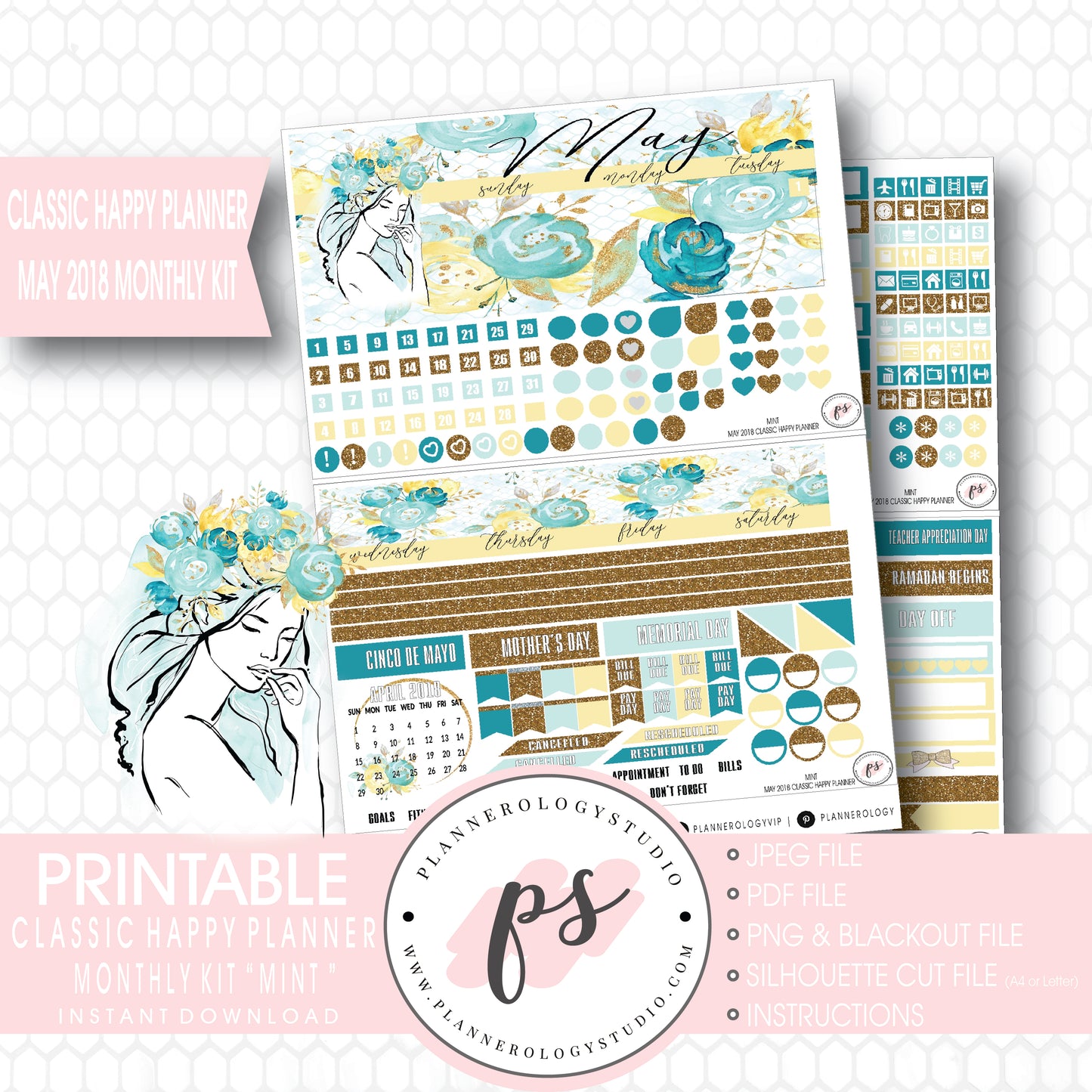 Mint May 2018 Monthly View Kit Digital Printable Planner Stickers (for use with Classic Happy Planner) - Plannerologystudio