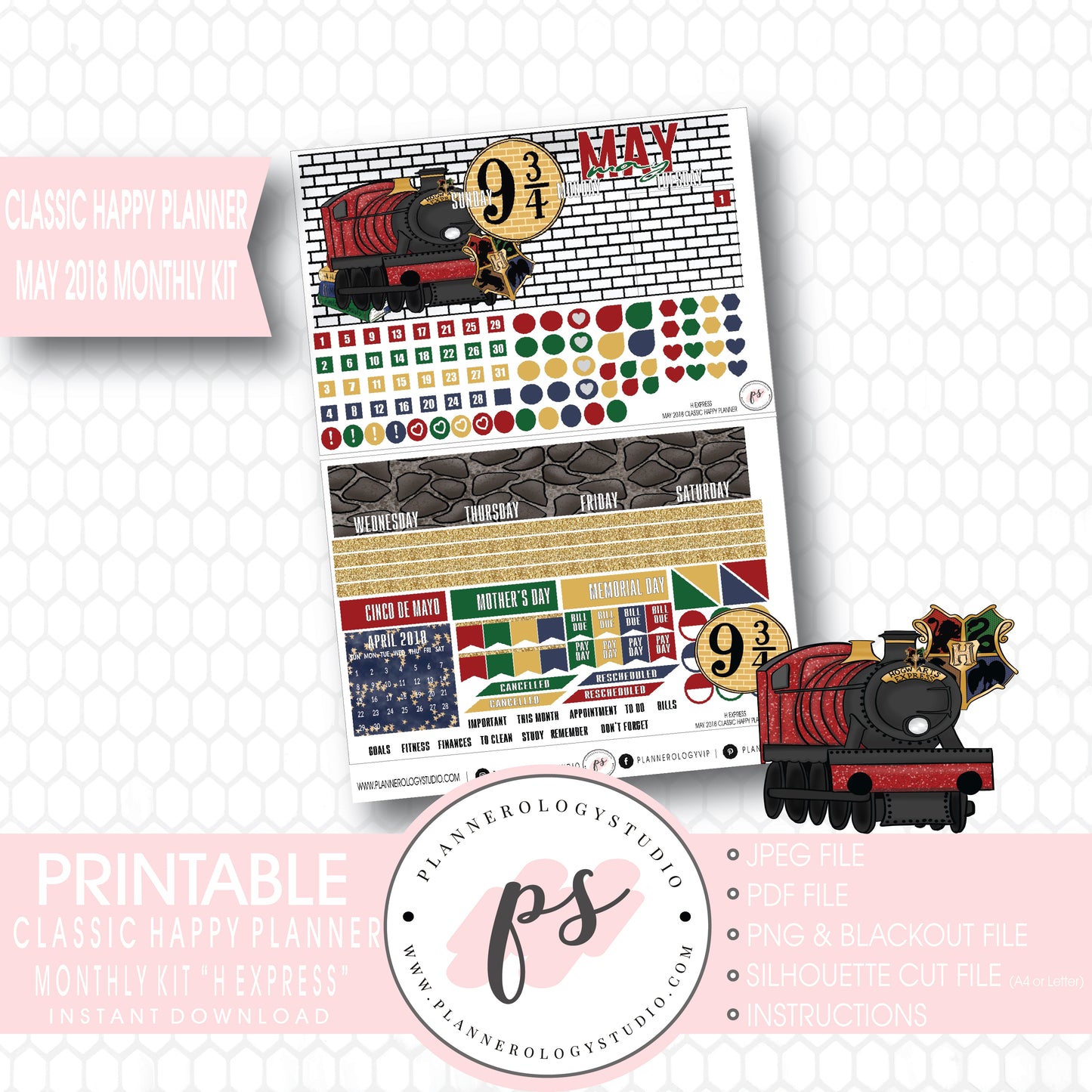 H Express (Harry Potter) May 2018 Monthly View Kit Digital Printable Planner Stickers (for use with Classic Happy Planner) - Plannerologystudio