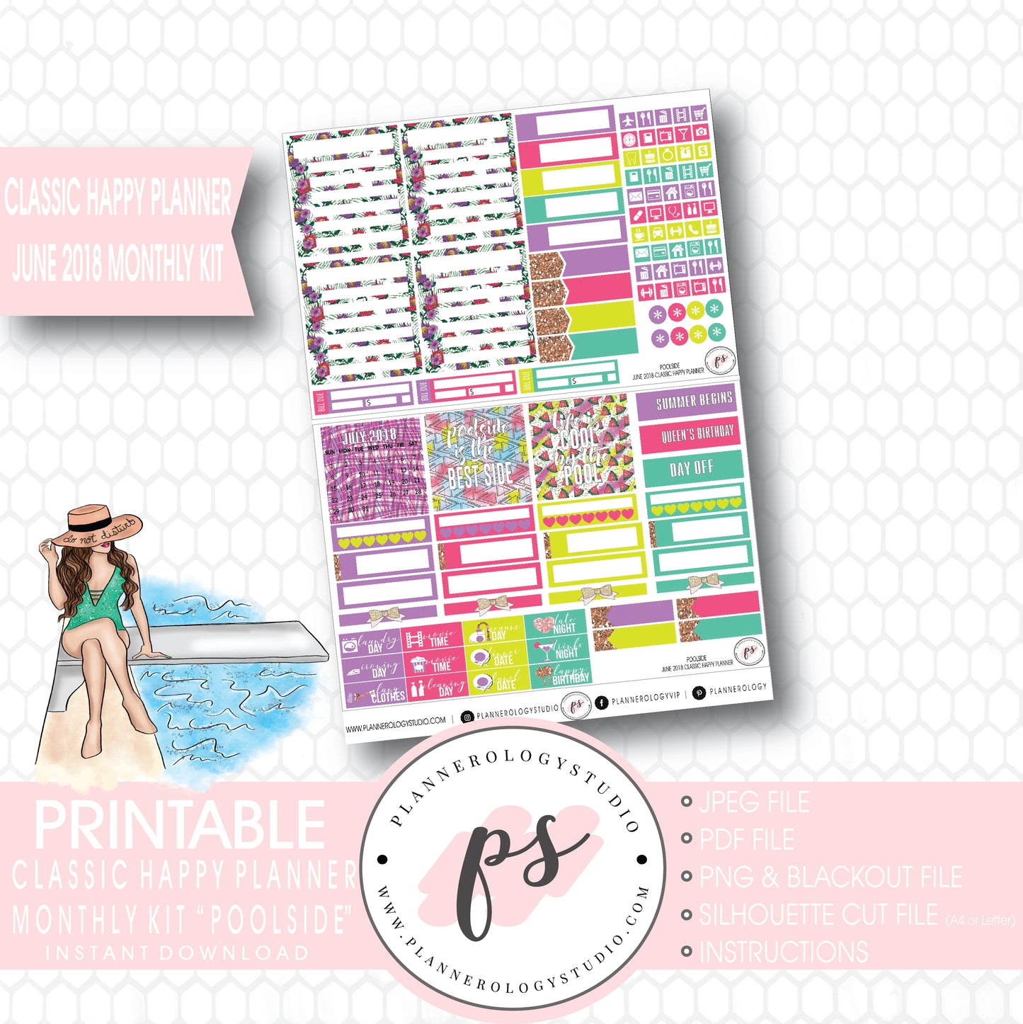 Poolside Summer June 2018 Monthly View Kit Digital Printable Planner Stickers (for use with Classic Happy Planner) - Plannerologystudio