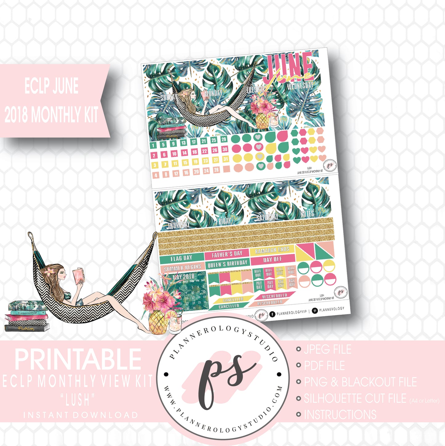 Lush Summer June 2018 Monthly View Kit Digital Printable Planner Stickers (for use with Erin Condren) - Plannerologystudio