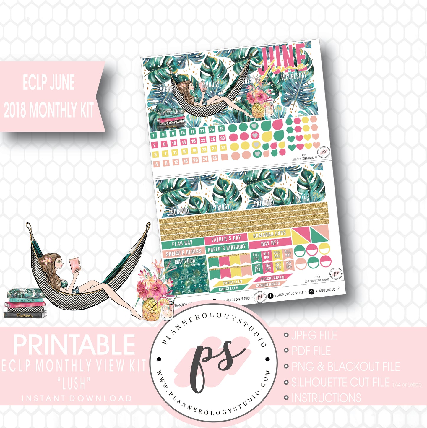 Lush Summer June 2018 Monthly View Kit Digital Printable Planner Stickers (for use with Erin Condren) - Plannerologystudio