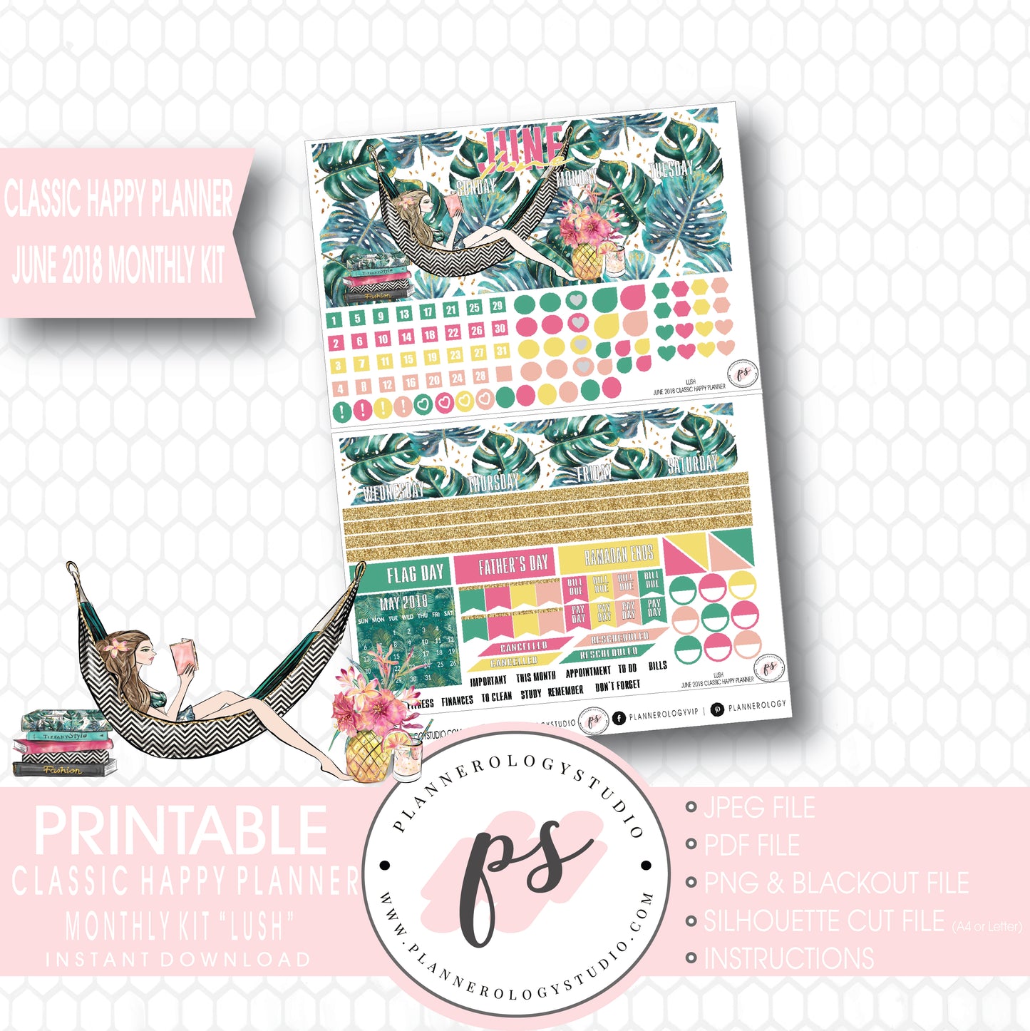 Lush Summer June 2018 Monthly View Kit Digital Printable Planner Stickers (for use with Classic Happy Planner) - Plannerologystudio