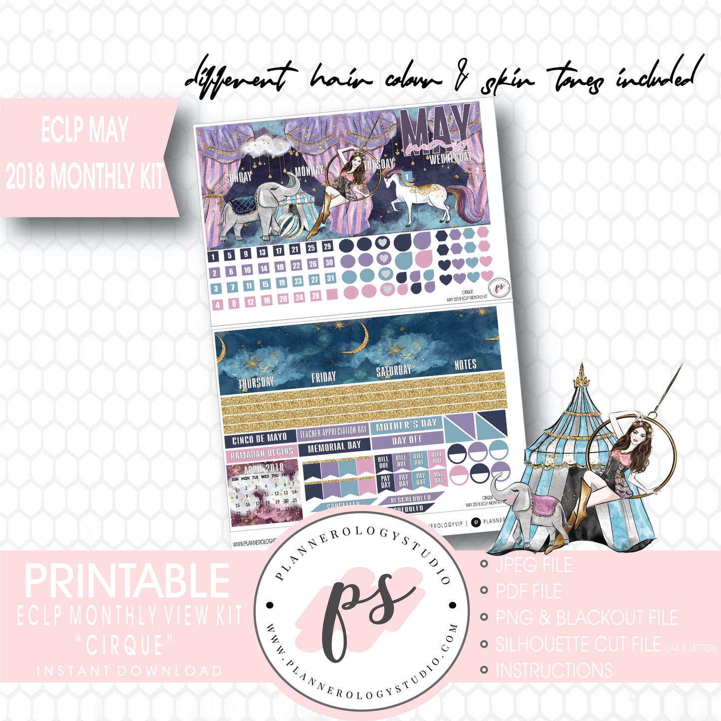 Cirque May 2018 Monthly View Kit Digital Printable Planner Stickers (for use with Erin Condren) - Plannerologystudio
