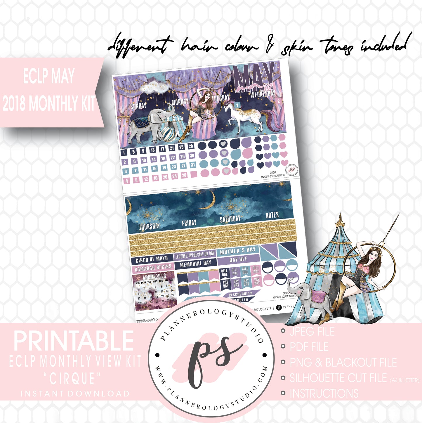 Cirque May 2018 Monthly View Kit Digital Printable Planner Stickers (for use with Erin Condren) - Plannerologystudio