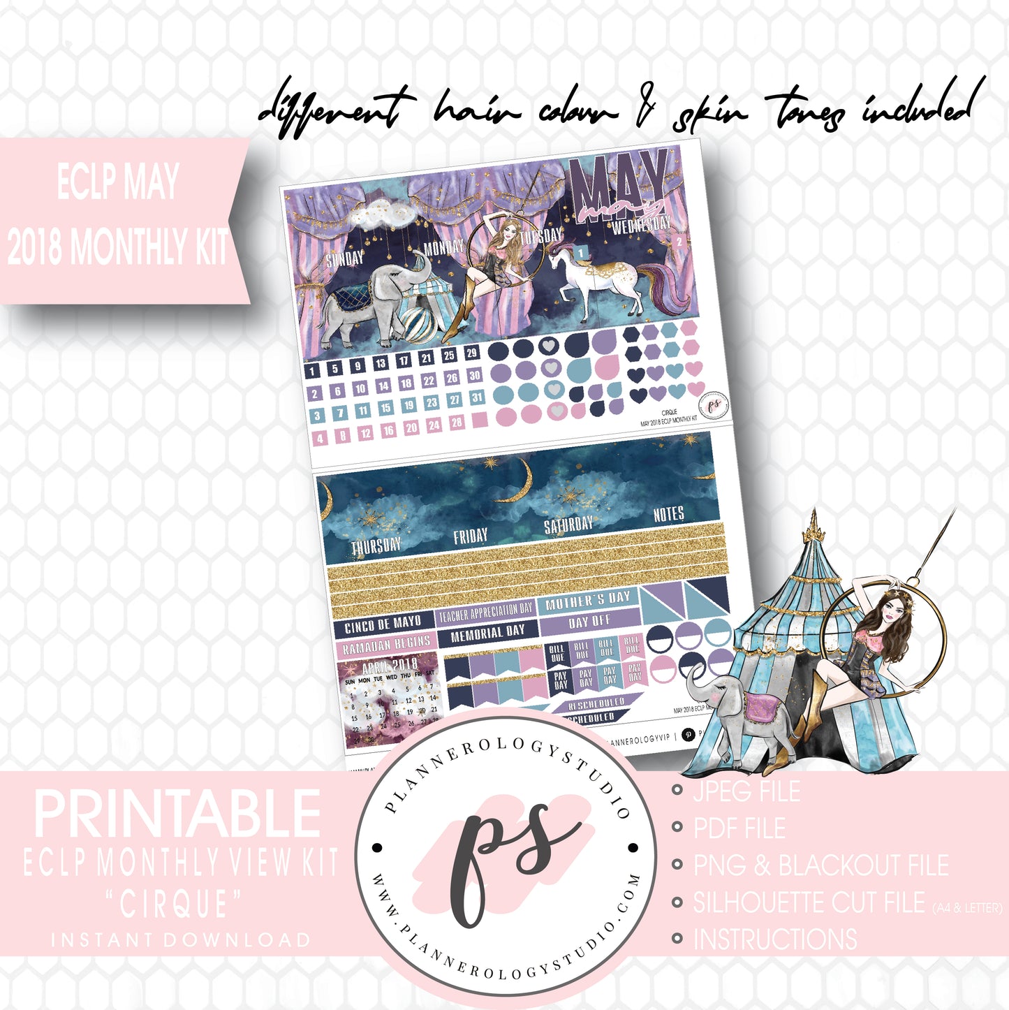 Cirque May 2018 Monthly View Kit Digital Printable Planner Stickers (for use with Erin Condren) - Plannerologystudio