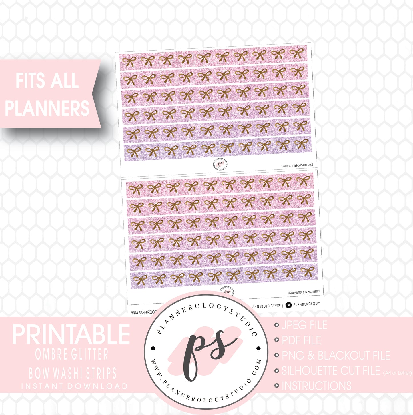Ombre Glitter Pattern Bow Icon Washi Strip Digital Printable Planner Stickers - Plannerologystudio