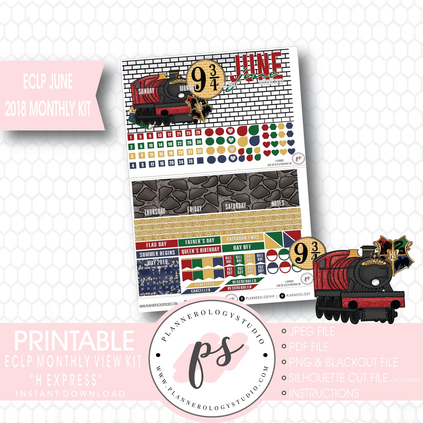H Express (Harry Potter) June 2018 Monthly View Kit Digital Printable Planner Stickers (for use with Erin Condren) - Plannerologystudio