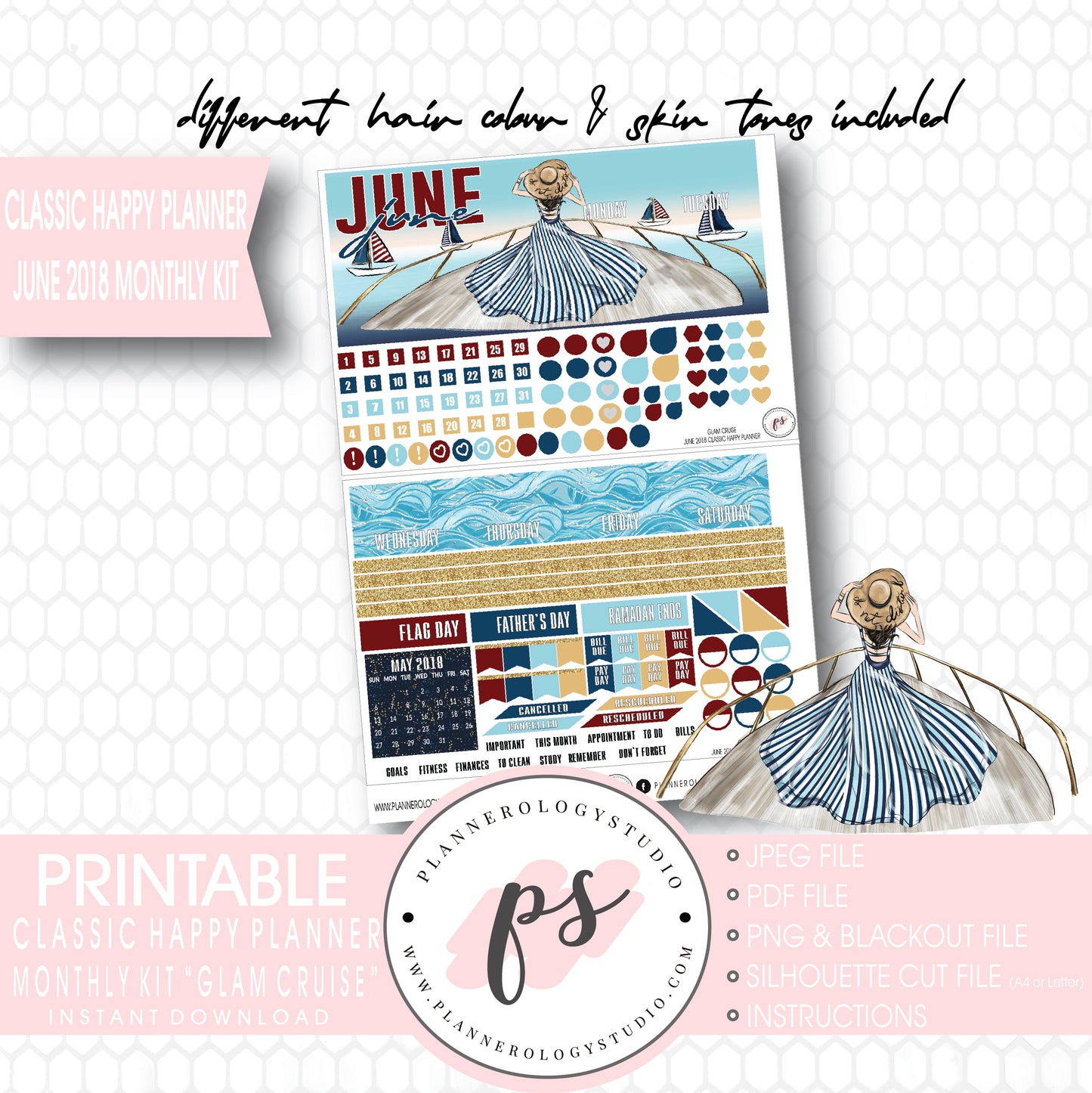 Glam Cruise June 2018 Monthly View Kit Digital Printable Planner Stickers (for use with Classic Happy Planner) - Plannerologystudio
