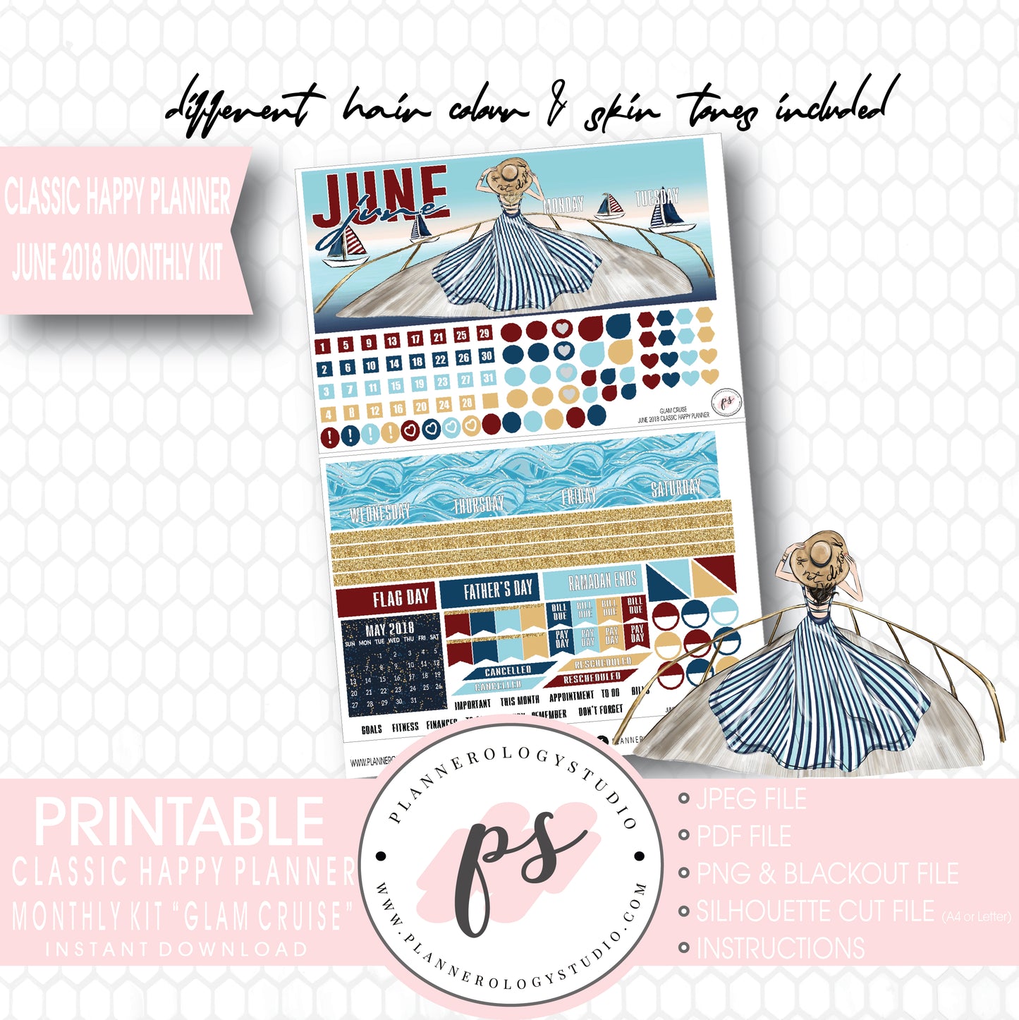 Glam Cruise June 2018 Monthly View Kit Digital Printable Planner Stickers (for use with Classic Happy Planner) - Plannerologystudio
