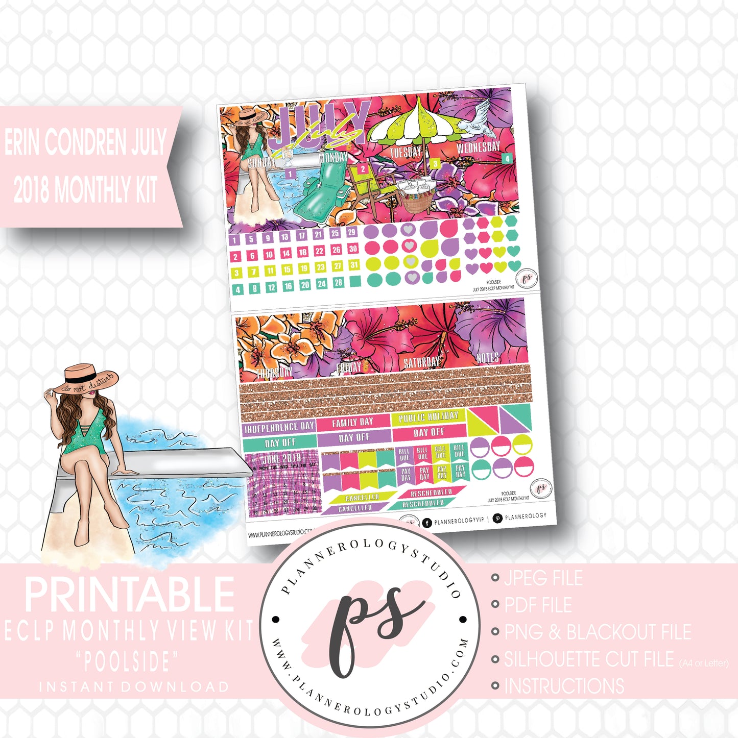 Poolside Summer July 2018 Monthly View Kit Digital Printable Planner Stickers (for use with Erin Condren) - Plannerologystudio