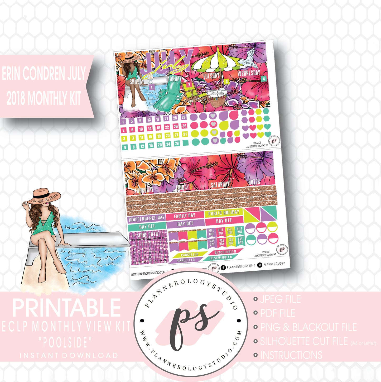 Poolside Summer July 2018 Monthly View Kit Digital Printable Planner Stickers (for use with Erin Condren) - Plannerologystudio