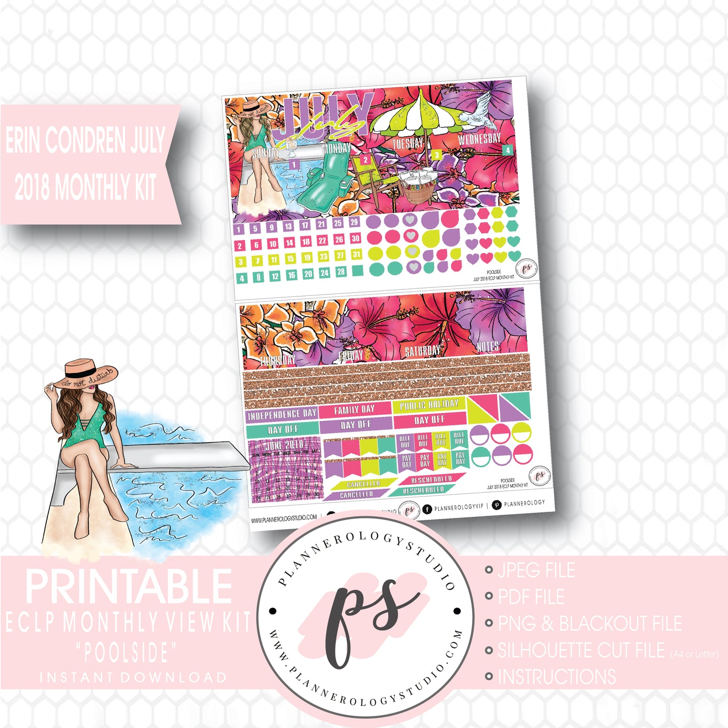 Poolside Summer July 2018 Monthly View Kit Digital Printable Planner Stickers (for use with Erin Condren) - Plannerologystudio