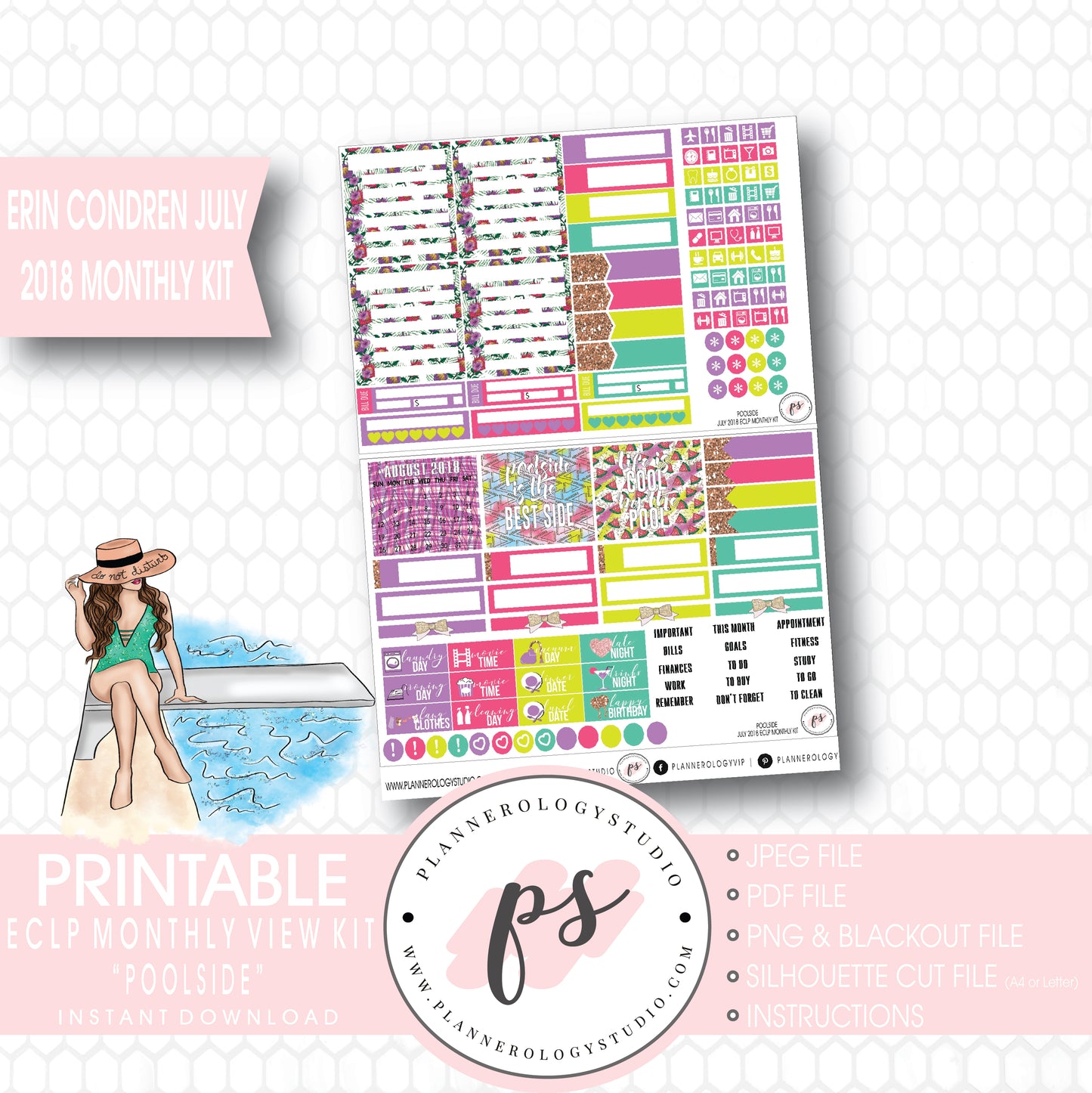 Poolside Summer July 2018 Monthly View Kit Digital Printable Planner Stickers (for use with Erin Condren) - Plannerologystudio