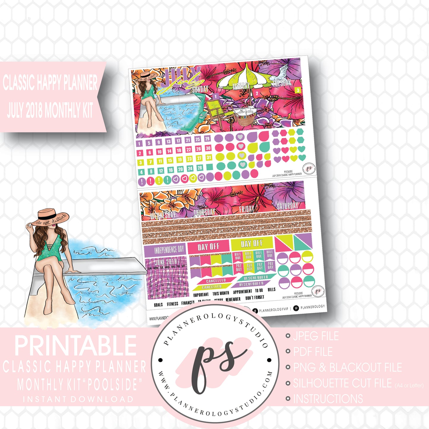 Poolside Summer July 2018 Monthly View Kit Digital Printable Planner Stickers (for use with Classic Happy Planner) - Plannerologystudio