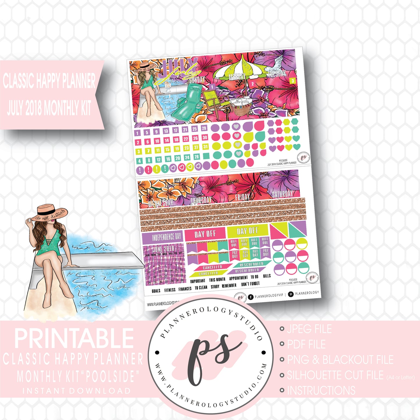 Poolside Summer July 2018 Monthly View Kit Digital Printable Planner Stickers (for use with Classic Happy Planner) - Plannerologystudio