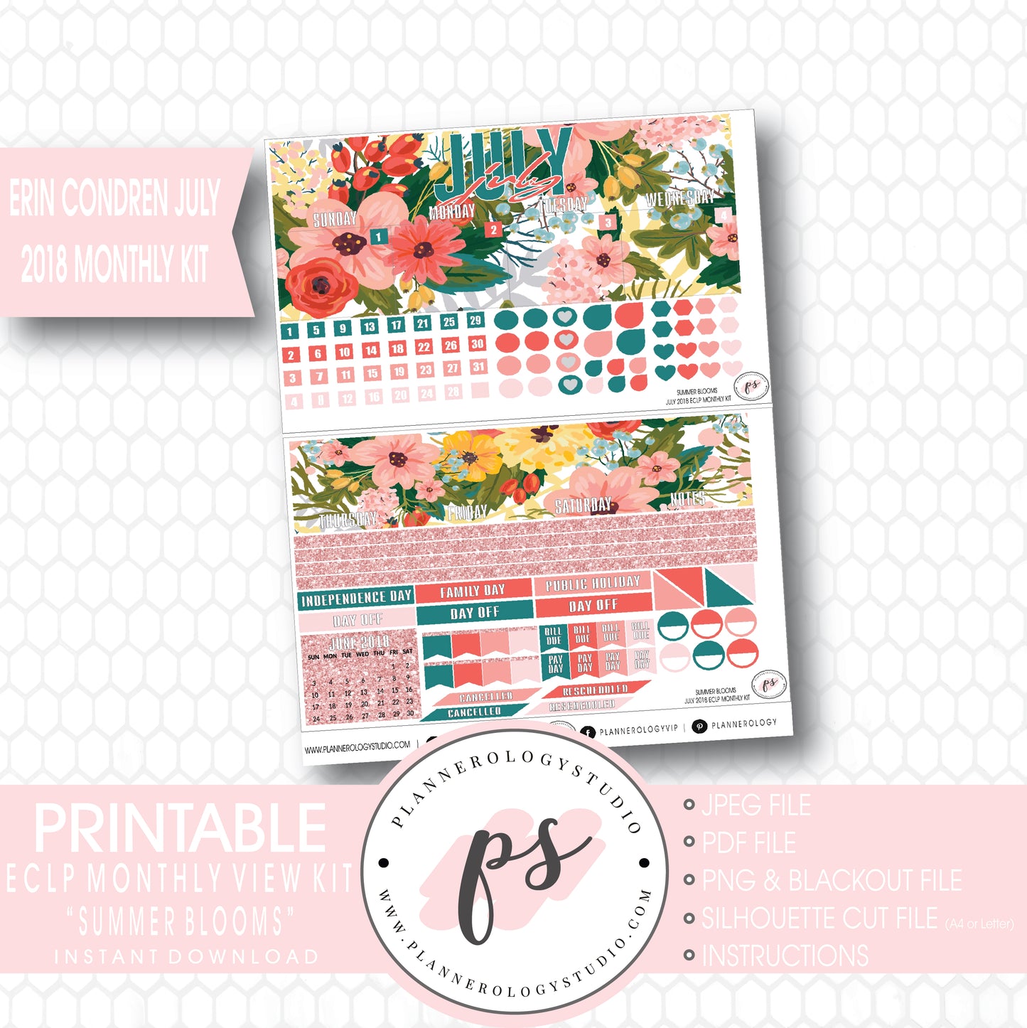 Summer Blooms July 2018 Monthly View Kit Digital Printable Planner Stickers (for use with Erin Condren) - Plannerologystudio