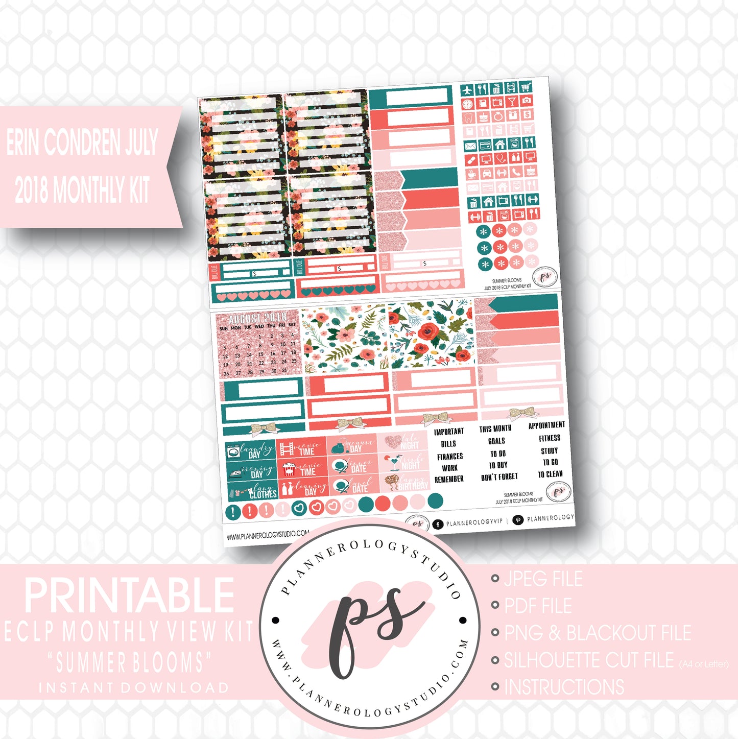 Summer Blooms July 2018 Monthly View Kit Digital Printable Planner Stickers (for use with Erin Condren) - Plannerologystudio