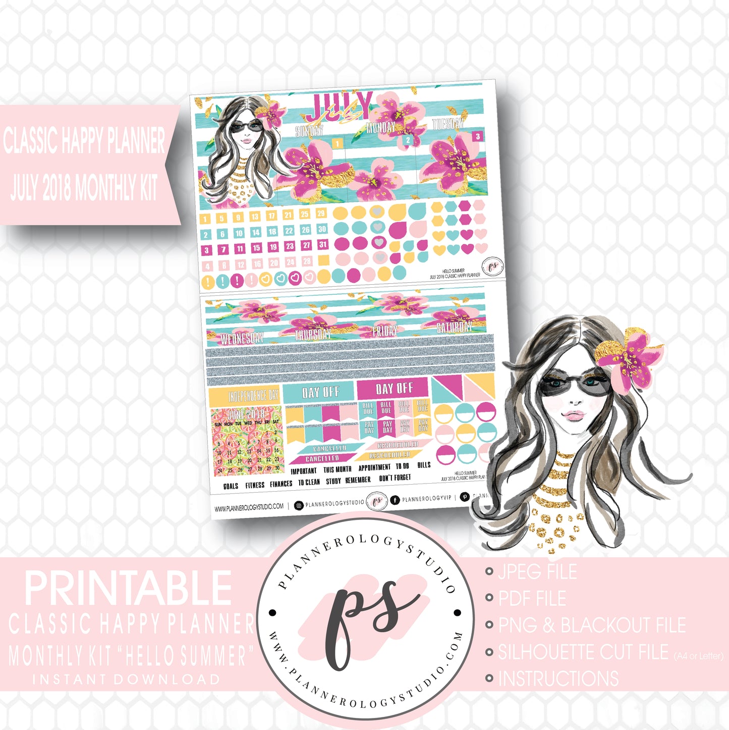 Hello Summer July 2018 Monthly View Kit Digital Printable Planner Stickers (for use with Classic Happy Planner) - Plannerologystudio