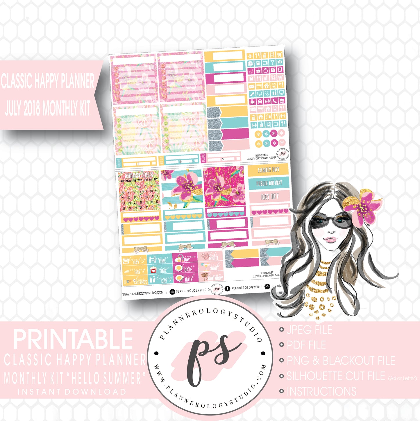 Hello Summer July 2018 Monthly View Kit Digital Printable Planner Stickers (for use with Classic Happy Planner) - Plannerologystudio