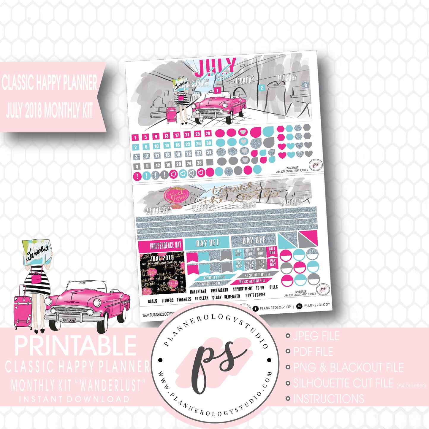 Wanderlust July 2018 Monthly View Kit Digital Printable Planner Stickers (for use with Classic Happy Planner) - Plannerologystudio