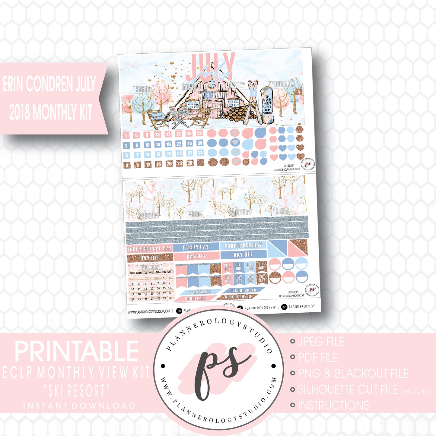 Ski Resort (Winter) July 2018 Monthly View Kit Digital Printable Planner Stickers (for use with Erin Condren) - Plannerologystudio