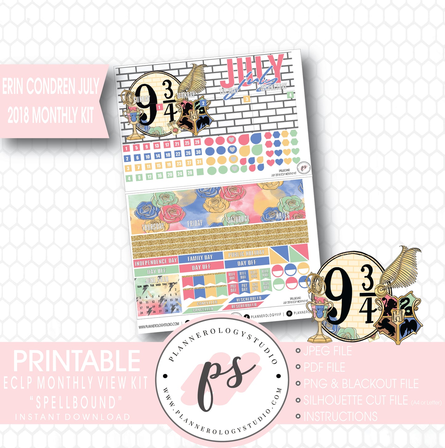 Spellbound (Harry Potter) July 2018 Monthly View Kit Digital Printable Planner Stickers (for use with Erin Condren) - Plannerologystudio