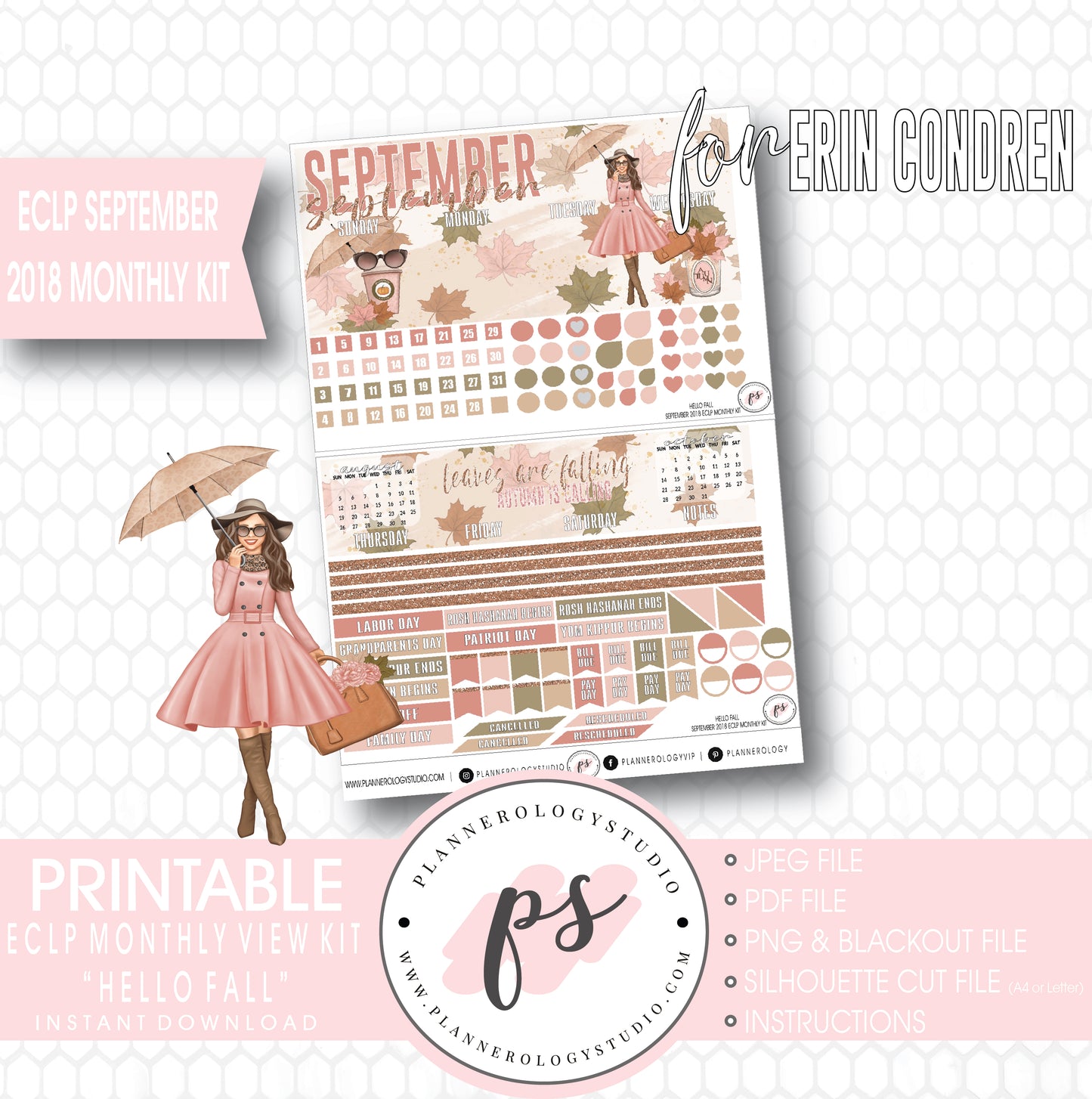 Hello Fall September 2018 Monthly View Kit Digital Printable Planner Stickers (for use with Erin Condren) - Plannerologystudio