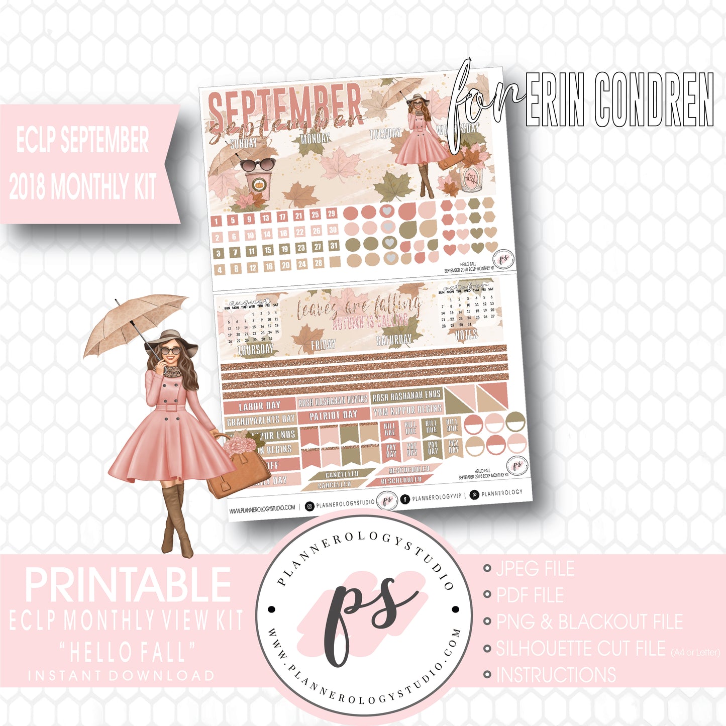 Hello Fall September 2018 Monthly View Kit Digital Printable Planner Stickers (for use with Erin Condren) - Plannerologystudio