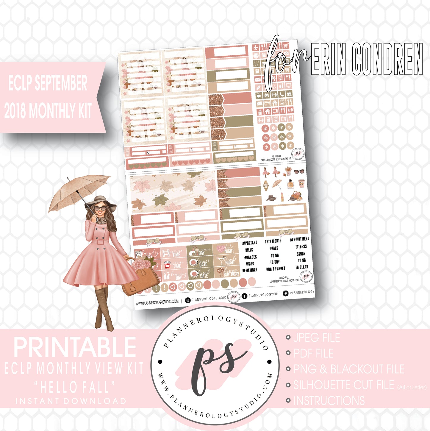 Hello Fall September 2018 Monthly View Kit Digital Printable Planner Stickers (for use with Erin Condren) - Plannerologystudio