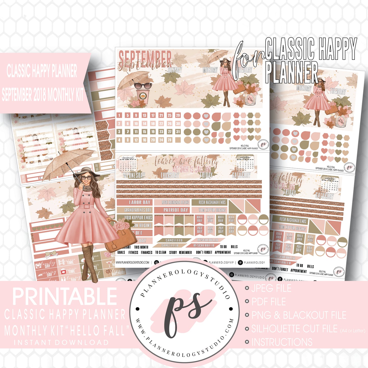Hello Fall September 2018 Monthly View Kit Digital Printable Planner Stickers (for use with Classic Happy Planner) - Plannerologystudio