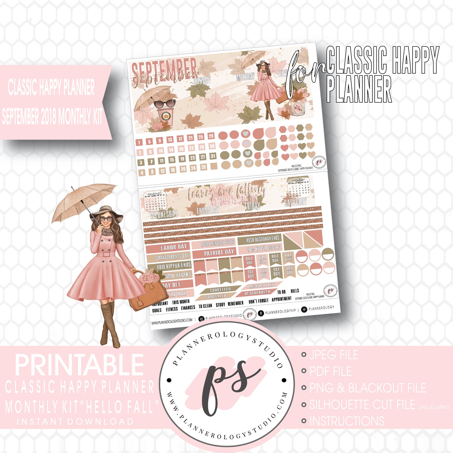 Hello Fall September 2018 Monthly View Kit Digital Printable Planner Stickers (for use with Classic Happy Planner) - Plannerologystudio