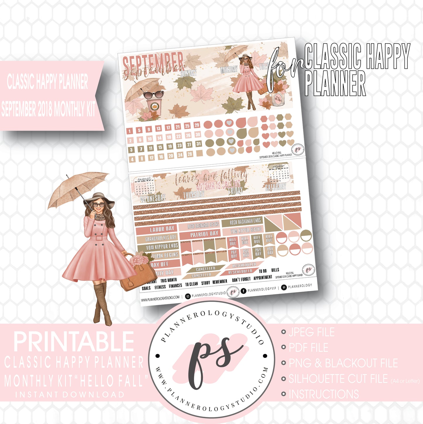 Hello Fall September 2018 Monthly View Kit Digital Printable Planner Stickers (for use with Classic Happy Planner) - Plannerologystudio