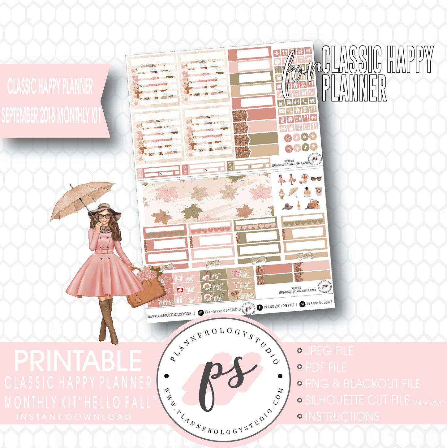 Hello Fall September 2018 Monthly View Kit Digital Printable Planner Stickers (for use with Classic Happy Planner) - Plannerologystudio
