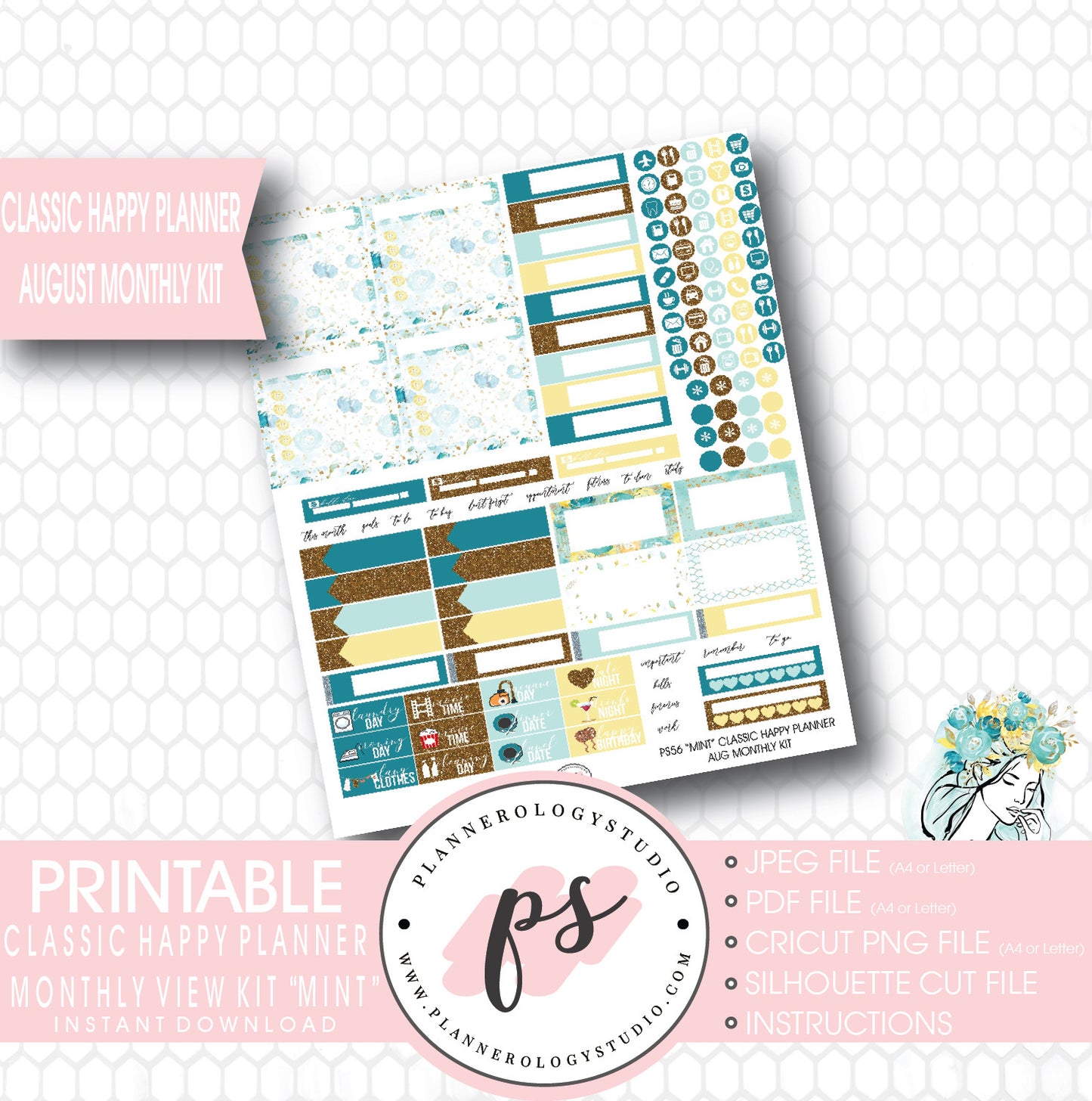 "Mint" August 2017 Monthly View Kit Printable Planner Stickers (for use with Mambi Classic Happy Planner) - Plannerologystudio
