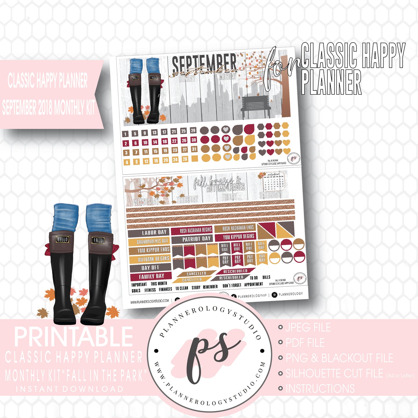 Fall in the Park September 2018 Monthly View Kit Digital Printable Planner Stickers (for use with Classic Happy Planner) - Plannerologystudio