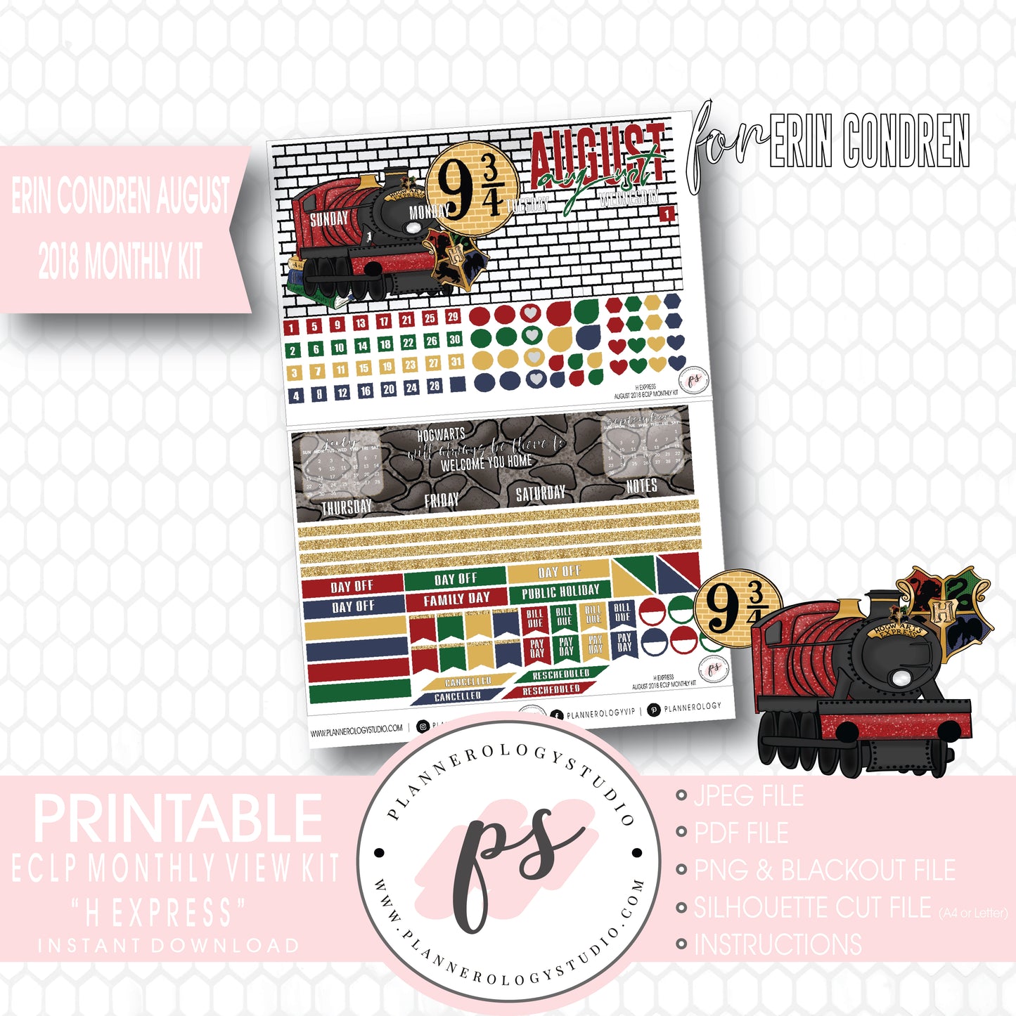 H Express (Harry Potter) August 2018 Monthly View Kit Digital Printable Planner Stickers (for use with Erin Condren) - Plannerologystudio