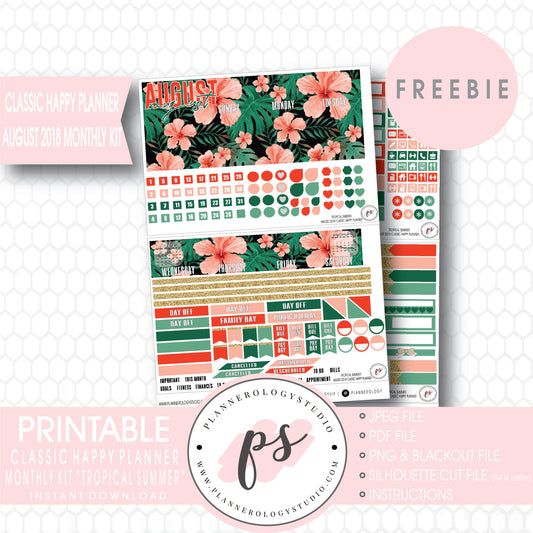 Tropical Summer Classic Happy Planner August 2018 Monthly Kit Digital Printable Planner Stickers (PDF/JPG/PNG/Silhouette Cut File Freebie) - Plannerologystudio