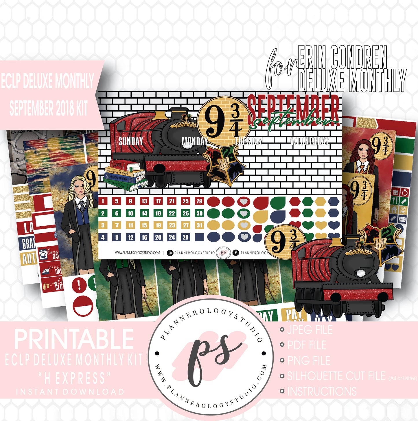 H Express (Harry Potter) September 2018 Monthly View Kit Digital Printable Planner Stickers (for use with Erin Condren Deluxe Monthly Planner) - Plannerologystudio