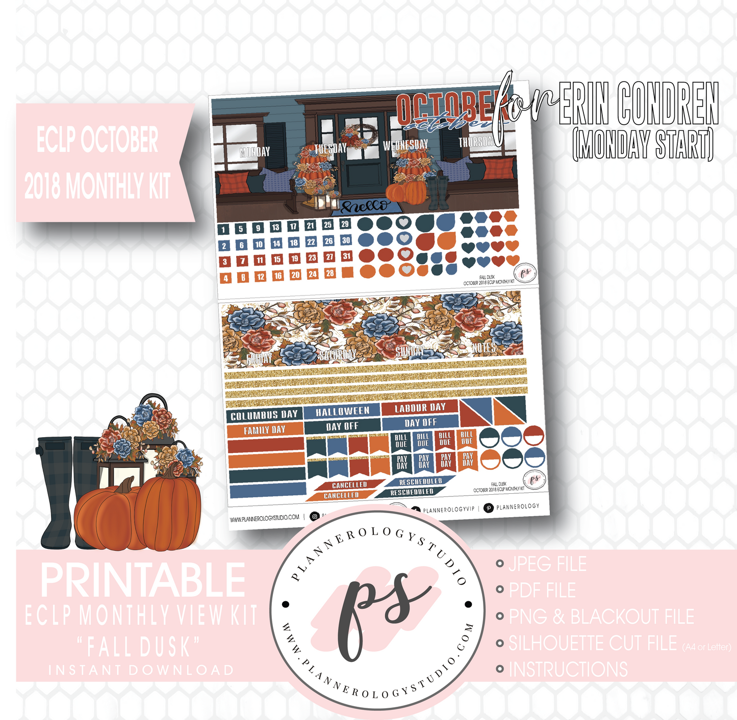Fall Dusk October Monthly View Kit Digital Printable Planner Stickers (for use with Erin Condren) (Undated and Monday Start) - Plannerologystudio