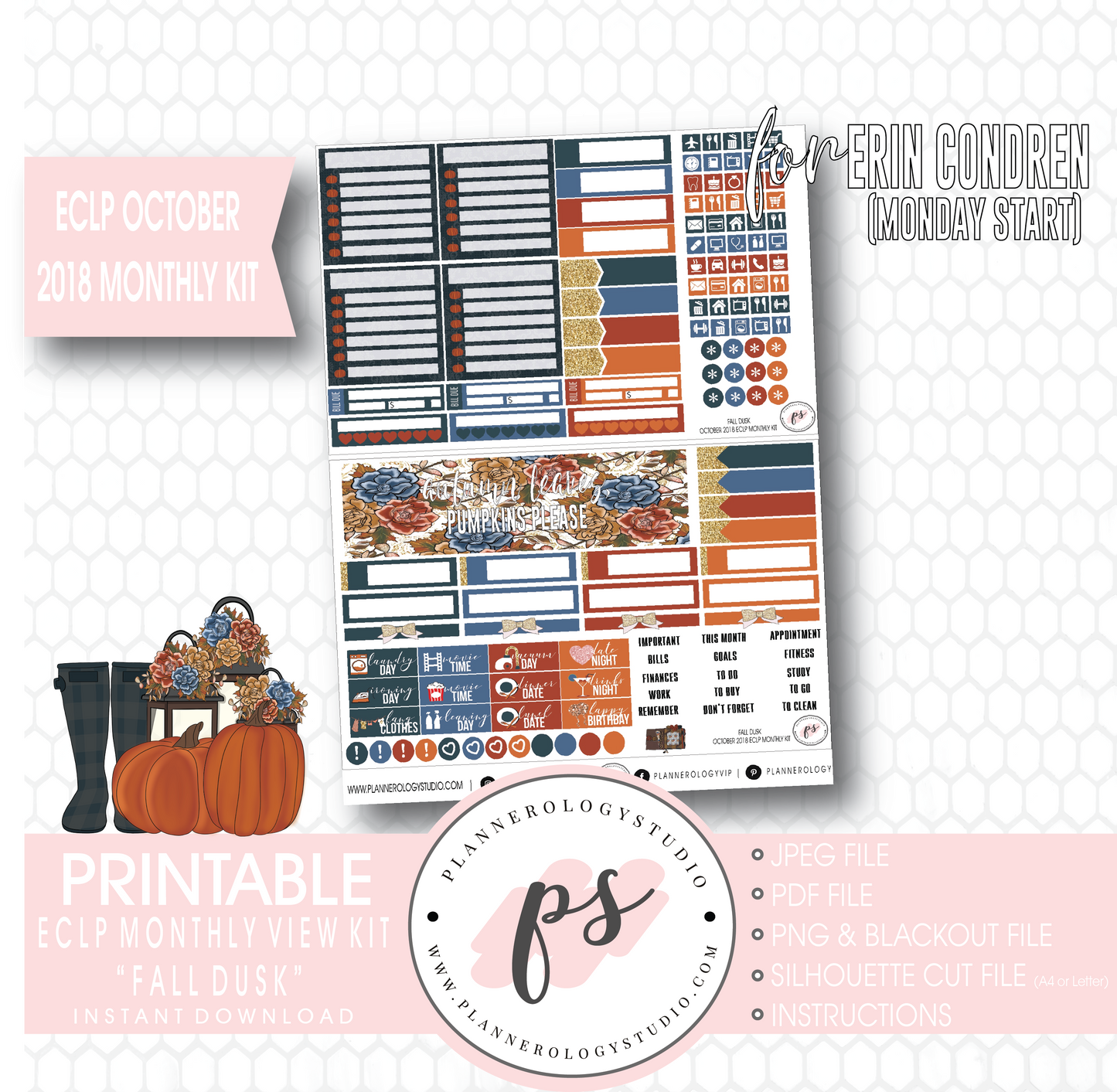 Fall Dusk October Monthly View Kit Digital Printable Planner Stickers (for use with Erin Condren) (Undated and Monday Start) - Plannerologystudio