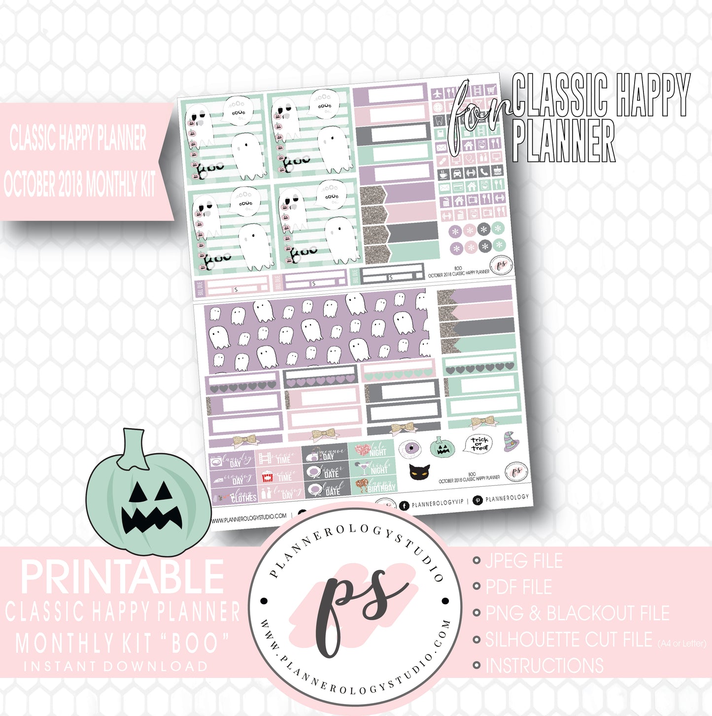 Boo October 2018 Halloween Monthly View Kit Printable Planner Stickers (for use with Classic Happy Planner) - Plannerologystudio