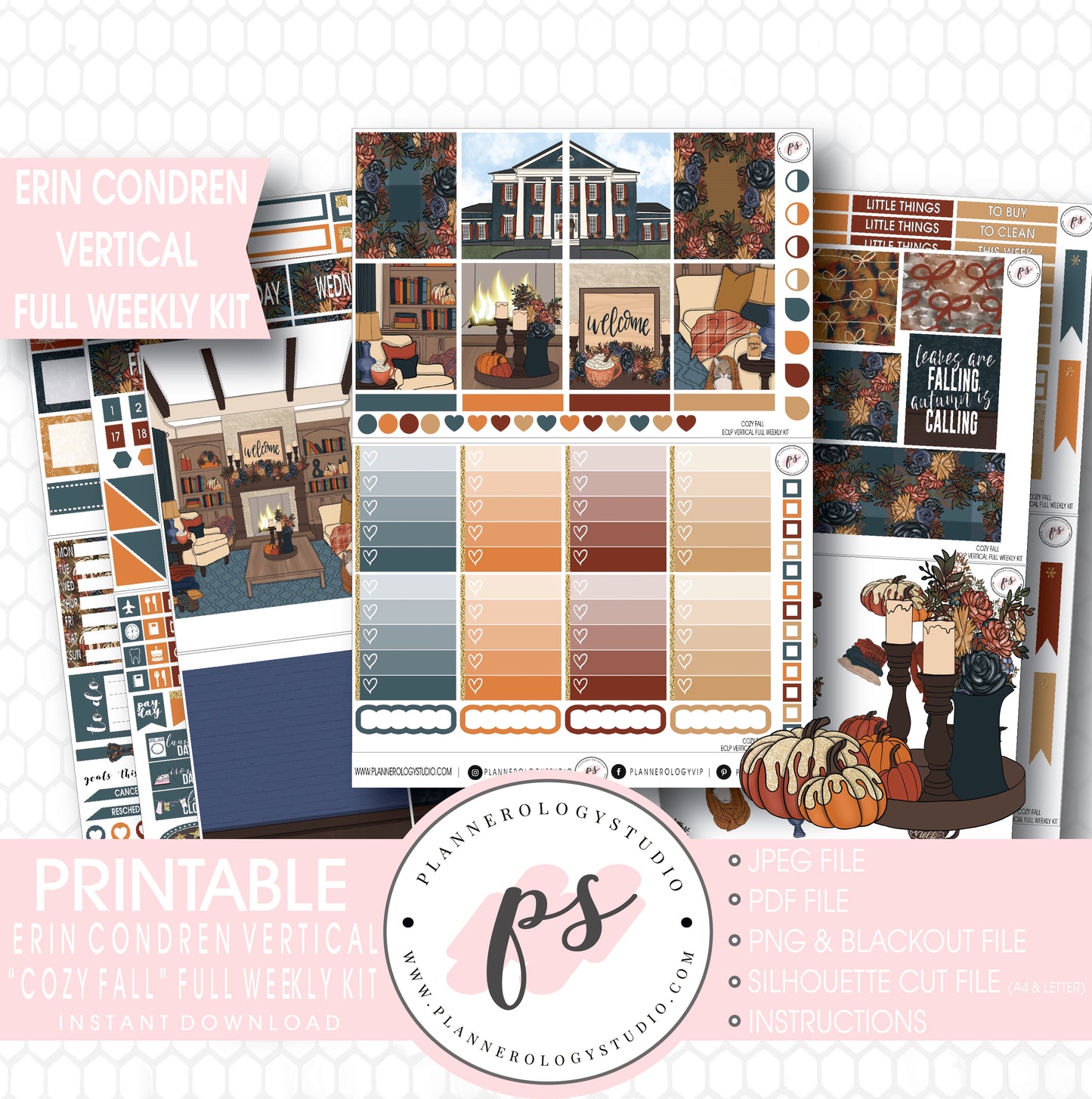 Cozy Fall Full Weekly Kit Printable Planner Stickers (for use with Erin Condren Vertical) - Plannerologystudio