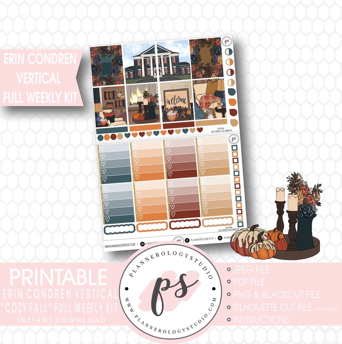 Cozy Fall Full Weekly Kit Printable Planner Stickers (for use with Erin Condren Vertical) - Plannerologystudio