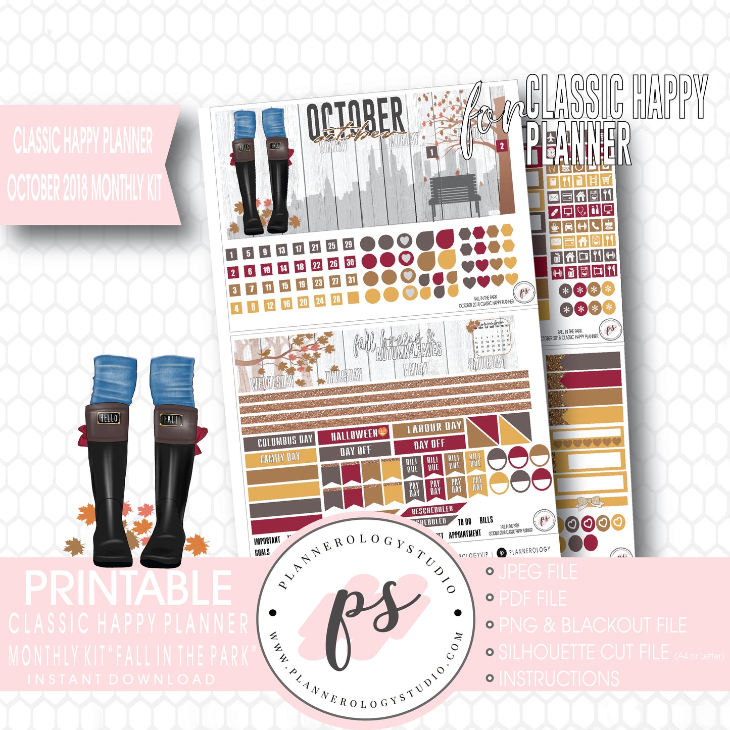 Fall in the Park October 2018 Monthly View Kit Digital Printable Planner Stickers (for use with Classic Happy Planner) - Plannerologystudio